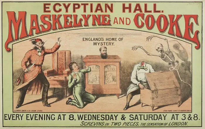 Framed Print : Egyptian Hall - Maskelyne and Cooke - England's Home of Mystery, Screvins in Two Pieces, 1880. Creator: Unknown. Egyptian Hall - Maskelyne and Cooke - England's Home of Mystery, Screvins in Two Pieces, 1880. Creator: Unknown Framed Print : Egyptian Hall - Maskelyne and Cooke - England's Home of Mystery, Screvins in Two Pieces, 1880. Creator: Unknown. Egyptian Hall - Maskelyne and Cooke - England's Home of Mystery, Screvins in Two Pieces, 1880. Creator: Unknown