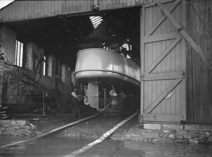 Framed Print : Egyptian motor launch in shed, 1911. Creator: Kirk & Sons of Cowes Framed Print : Egyptian motor launch in shed, 1911. Creator: Kirk & Sons of Cowes