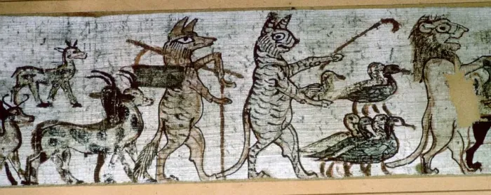 Framed Print : Detail from the Egyptian satirical papyrus of a fox playing the pipes and leading goats, and a cat Framed Print : Detail from the Egyptian satirical papyrus of a fox playing the pipes and leading goats, and a cat