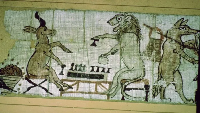 Framed Print : Detail from the Egyptian satirical papyrus of a lion and a unicorn playing a board game Framed Print : Detail from the Egyptian satirical papyrus of a lion and a unicorn playing a board game