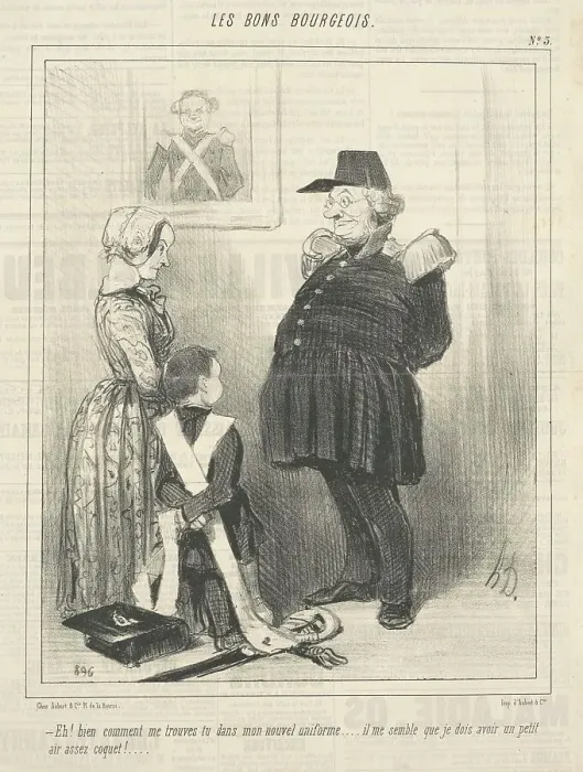 Framed Print : Eh! Bien comment me trouves-tu dans mon nouvel uniforme... 19th century. Creator: Honore Daumier Framed Print : Eh! Bien comment me trouves-tu dans mon nouvel uniforme... 19th century. Creator: Honore Daumier