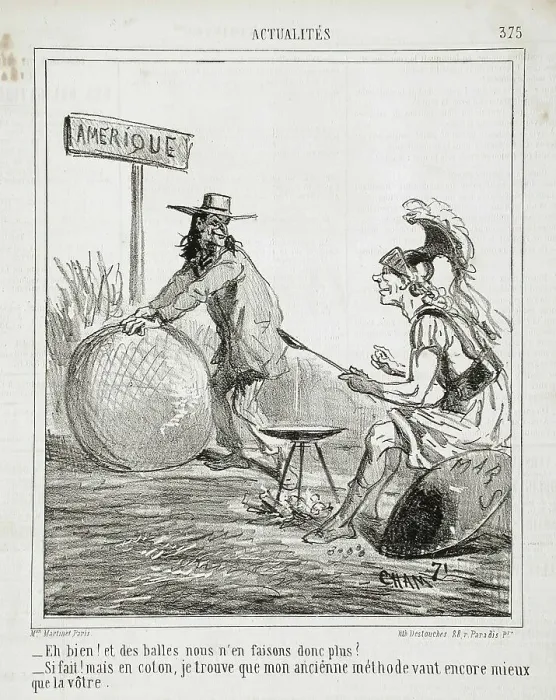 Framed Print : Eh bien! Et des balles nous n'en faisons donc plus? Si fait! mais en coton, je trouve que... 1865. Creator: Cham Framed Print : Eh bien! Et des balles nous n'en faisons donc plus? Si fait! mais en coton, je trouve que... 1865. Creator: Cham