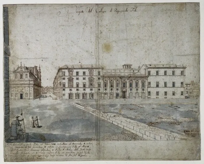 Framed Print : Eighteen Views of Rome: The Collegio di Propaganda Fide (recto), 1665. Creator: Lievin Cruyl Framed Print : Eighteen Views of Rome: The Collegio di Propaganda Fide (recto), 1665. Creator: Lievin Cruyl