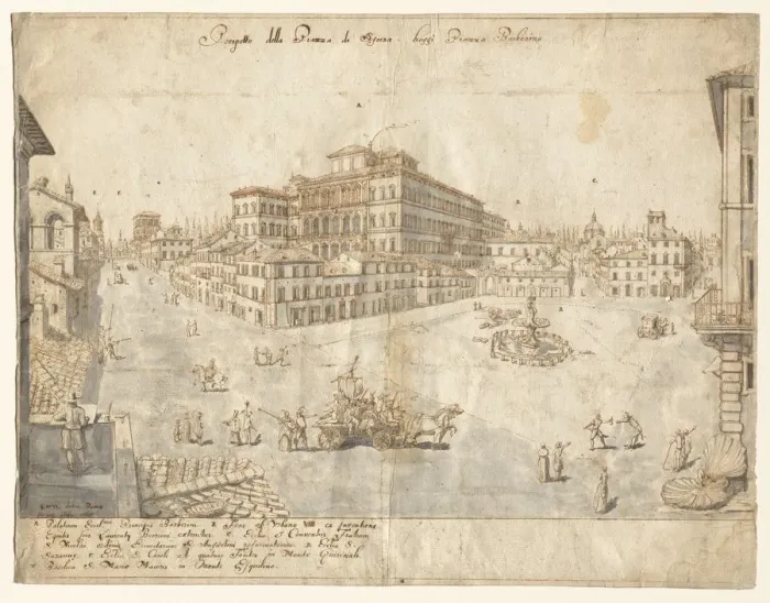 Framed Print : Eighteen Views of Rome: The Piazza Barberini (recto), 1665. Creator: Lievin Cruyl (Flemish, c Framed Print : Eighteen Views of Rome: The Piazza Barberini (recto), 1665. Creator: Lievin Cruyl (Flemish, c
