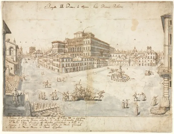 Framed Print : Eighteen Views of Rome: The Piazza Barberini (recto)... 1665. Creator: Lievin Cruyl (Flemish, c Framed Print : Eighteen Views of Rome: The Piazza Barberini (recto)... 1665. Creator: Lievin Cruyl (Flemish, c