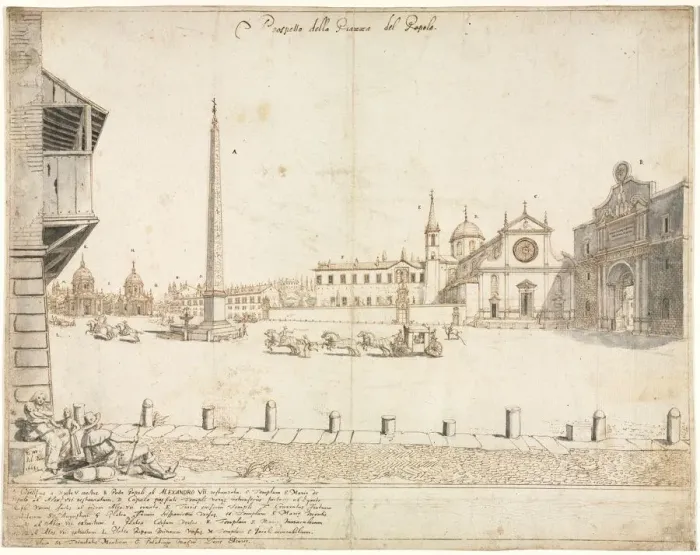 Framed Print : Eighteen Views of Rome: The Piazza del Popolo (recto), 1664. Creator: Lievin Cruyl (Flemish, c Framed Print : Eighteen Views of Rome: The Piazza del Popolo (recto), 1664. Creator: Lievin Cruyl (Flemish, c