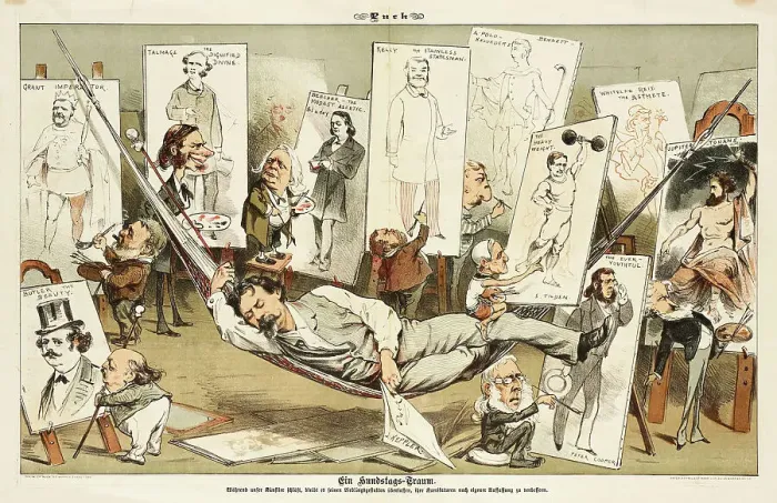 Framed Print : Ein Hundstage-Traum.... Cartoon from Puck, 1881. Creators: Bernhard Gillam, Joseph Keppler Framed Print : Ein Hundstage-Traum.... Cartoon from Puck, 1881. Creators: Bernhard Gillam, Joseph Keppler