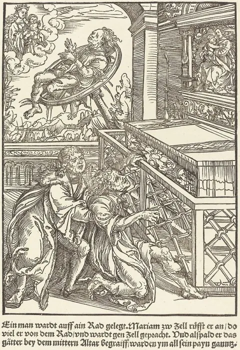 Framed Print : Ein man wardt auff ain Rad... c. 1503. Creator: Master of the Legend Scenes Framed Print : Ein man wardt auff ain Rad... c. 1503. Creator: Master of the Legend Scenes