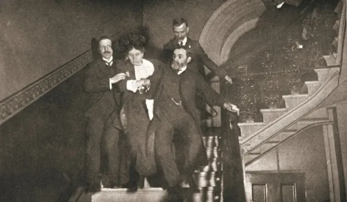 Framed Print : Ejection of a woman questioner from City Temple, London, 12 November 1908. Artist Framed Print : Ejection of a woman questioner from City Temple, London, 12 November 1908. Artist