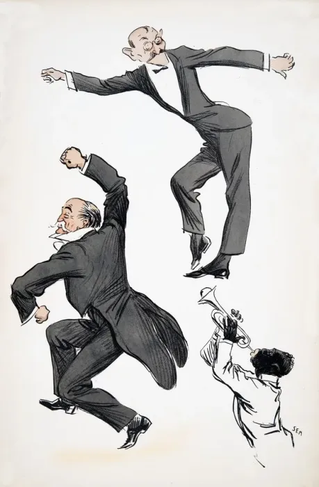 Framed Print : Elderly gentleman in tails and younger gentleman in black tie dance to a musician playing trumpet Framed Print : Elderly gentleman in tails and younger gentleman in black tie dance to a musician playing trumpet