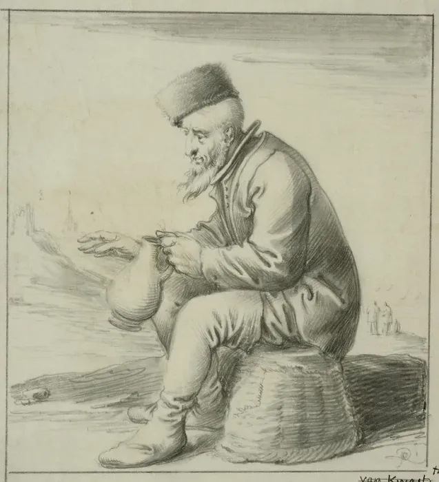 Framed Print : Elderly man sitting on an upside down basket, 1630s. Creator: Pieter Jansz. Quast Framed Print : Elderly man sitting on an upside down basket, 1630s. Creator: Pieter Jansz. Quast