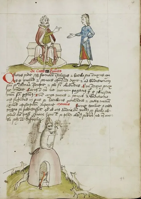 Framed Print : An Elderly Man Speaking to a Younger Man: A Cat with a Bishop's... third quarter of 15th century. Creator: Unknown Framed Print : An Elderly Man Speaking to a Younger Man: A Cat with a Bishop's... third quarter of 15th century. Creator: Unknown