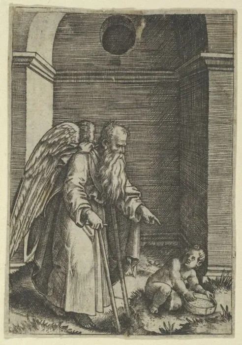 Framed Print : An elderly winged man with a long beard walking with crutches, possibly representin... ca. 1510-27. Creator: Marcantonio Raimondi Framed Print : An elderly winged man with a long beard walking with crutches, possibly representin... ca. 1510-27. Creator: Marcantonio Raimondi