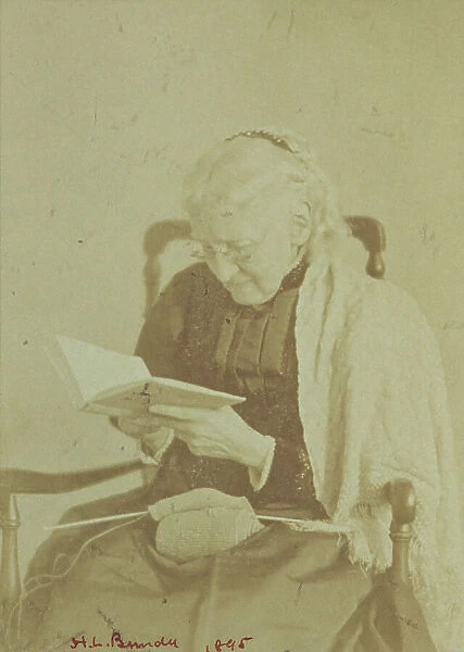 Elderly woman seated and reading a book with knitting in her lap, 1895. Creator: Horace L Bundy
