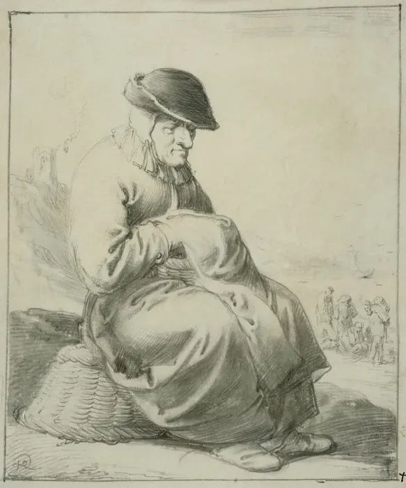 Framed Print : Elderly woman sitting on an upside down basket, 1630s. Creator: Pieter Jansz. Quast Framed Print : Elderly woman sitting on an upside down basket, 1630s. Creator: Pieter Jansz. Quast