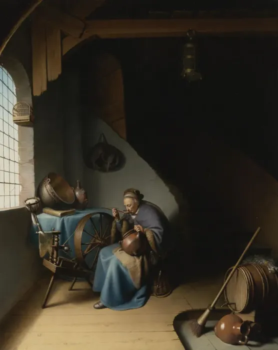 Framed Print : An elderly woman at her spinning wheel, eating porridge Framed Print : An elderly woman at her spinning wheel, eating porridge