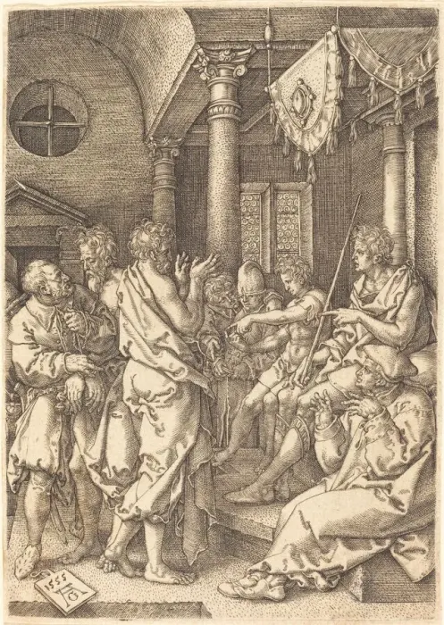 Framed Print : The Two Elders Convicted by the Testimony of Daniel, 1555. Creator: Heinrich Aldegrever Framed Print : The Two Elders Convicted by the Testimony of Daniel, 1555. Creator: Heinrich Aldegrever
