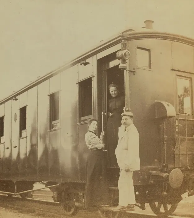 Framed Print : Eleanor Pray and Sarah Smith posed with their friend Mr Hunt at a Trans-Siberian railroad... 1899. Creator: Frederick S. Pray Framed Print : Eleanor Pray and Sarah Smith posed with their friend Mr Hunt at a Trans-Siberian railroad... 1899. Creator: Frederick S. Pray