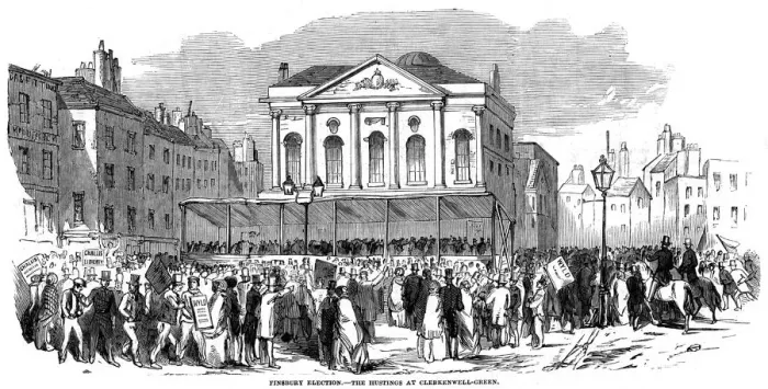 Framed Print : Election hustings in Clerkenwell Green during the Finsbury election, London, 1852 Framed Print : Election hustings in Clerkenwell Green during the Finsbury election, London, 1852