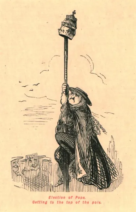 Framed Print : Election of Pope. Getting to the top of the pole, 1897. Creator: John Leech Framed Print : Election of Pope. Getting to the top of the pole, 1897. Creator: John Leech