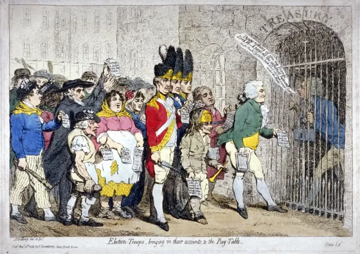 Framed Print : Election-troops, bringing in their accounts, to the pay-table, 1788. Artist Framed Print : Election-troops, bringing in their accounts, to the pay-table, 1788. Artist