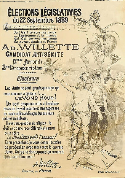 Elections législatives du 22 septembre 1889 - Ad. Willette, Candidat antisémite, 1889. Creator: Willette, Adolphe (1857-1926)