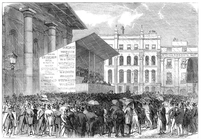 Framed Print : The Elections in the Metropolitan Boroughs: Westminster...the nomination in Covent-Garden, 1865. Creator: Unknown Framed Print : The Elections in the Metropolitan Boroughs: Westminster...the nomination in Covent-Garden, 1865. Creator: Unknown