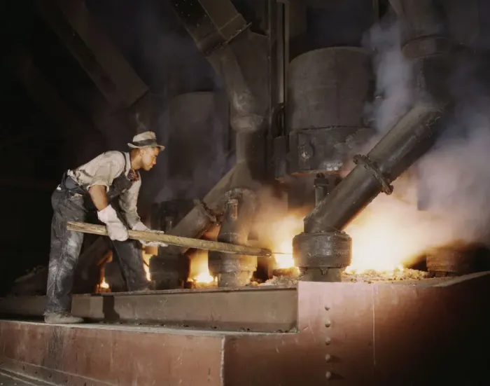 Framed Print : Electric phosphate smelting furnace used to make element... vicinity of Muscle Shoals, Alabama, 1942. Creator: Alfred T Palmer Framed Print : Electric phosphate smelting furnace used to make element... vicinity of Muscle Shoals, Alabama, 1942. Creator: Alfred T Palmer