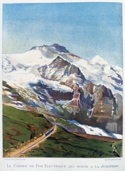 Framed Print : The electric railroad to Mount Jungfrau, Swiss Alps, 19th century. Artist: Gustave Francois Lasellaz Framed Print : The electric railroad to Mount Jungfrau, Swiss Alps, 19th century. Artist: Gustave Francois Lasellaz