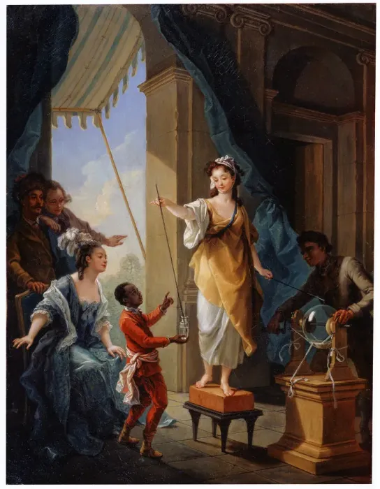 Framed Print : Electrical Experiment, 1777. Artist: Amedee van Loo Framed Print : Electrical Experiment, 1777. Artist: Amedee van Loo