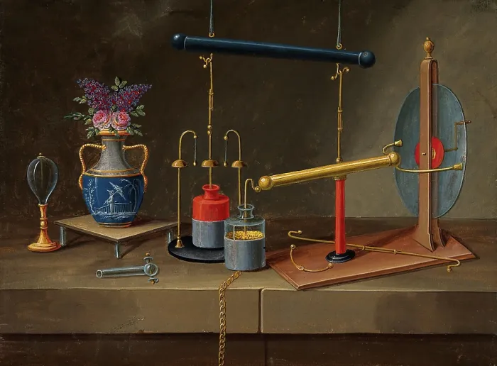 Framed Print : Electricity: condenser jars, an electro-static generator, and a vase with flowers, (18--?). Creator: Paul Lelong Framed Print : Electricity: condenser jars, an electro-static generator, and a vase with flowers, (18--?). Creator: Paul Lelong