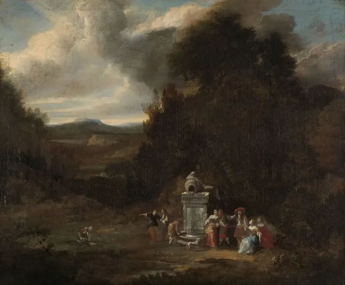 Framed Print : Elegant Company at an Antique Fountain in a Glade, c.1660-c.1670. Creator: Anon Framed Print : Elegant Company at an Antique Fountain in a Glade, c.1660-c.1670. Creator: Anon