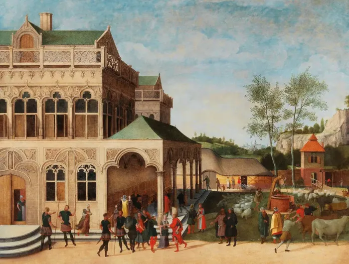 Framed Print : An elegant loggia with the Proposal of Isaac to Rebecca, 1616. Creator: Grimmer, Abel (1570-1619) Framed Print : An elegant loggia with the Proposal of Isaac to Rebecca, 1616. Creator: Grimmer, Abel (1570-1619)