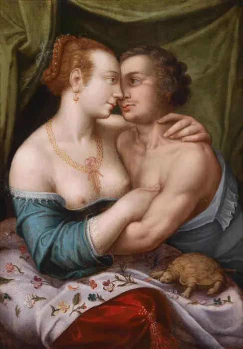 Framed Print : Elegant Loving Couple, ca. 1600. Artist: Master of Prague (active c. 1600) Framed Print : Elegant Loving Couple, ca. 1600. Artist: Master of Prague (active c. 1600)