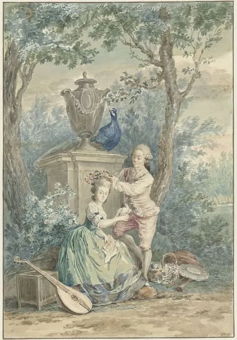 Framed Print : Elegant pair in a park, 1750-1808. Creator: Nicolaas Muys Framed Print : Elegant pair in a park, 1750-1808. Creator: Nicolaas Muys