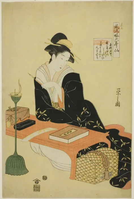 Framed Print : An Elegant Parody of the Six Poetic Immortals (Furyu yatsushi rokkasen): The Priest Kisen, c. 1793. Creator: Hosoda Eishi Framed Print : An Elegant Parody of the Six Poetic Immortals (Furyu yatsushi rokkasen): The Priest Kisen, c. 1793. Creator: Hosoda Eishi