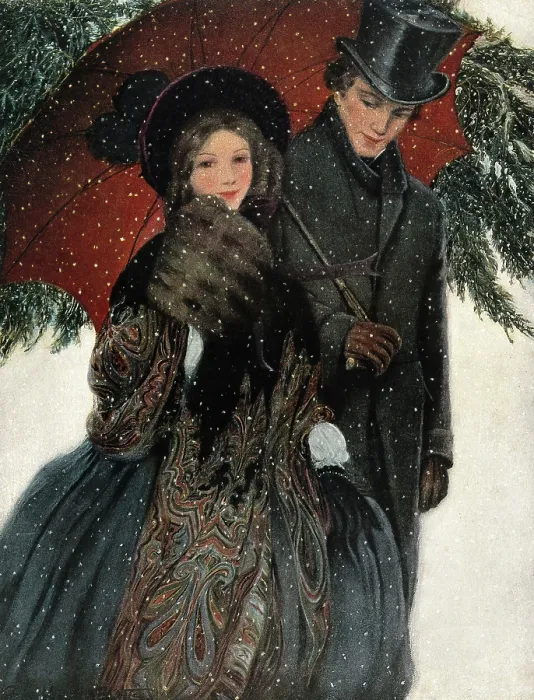 Framed Print : An elegantly dressed couple walk arm in arm under an umbrella, 1905. Creator: Unknown Framed Print : An elegantly dressed couple walk arm in arm under an umbrella, 1905. Creator: Unknown