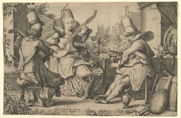 Framed Print : Two Elegantly Dressed Men and a Woman in a Garden, 1613-41. Creator: Jan van de Velde II Framed Print : Two Elegantly Dressed Men and a Woman in a Garden, 1613-41. Creator: Jan van de Velde II