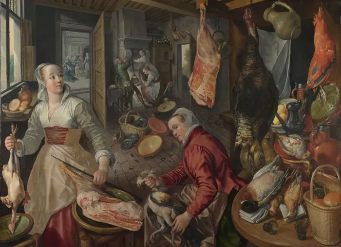 Framed Print : The Four Elements: Fire. A Kitchen Scene with Christ in the House of Martha and Mary in the Background, 1569. Artist: Beuckelaer, Joachim (ca. 1533-1574) Framed Print : The Four Elements: Fire. A Kitchen Scene with Christ in the House of Martha and Mary in the Background, 1569. Artist: Beuckelaer, Joachim (ca. 1533-1574)