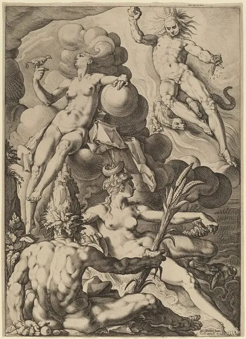 Framed Print : The Four Elements, probably 1588. Creator: Jacob Matham Framed Print : The Four Elements, probably 1588. Creator: Jacob Matham