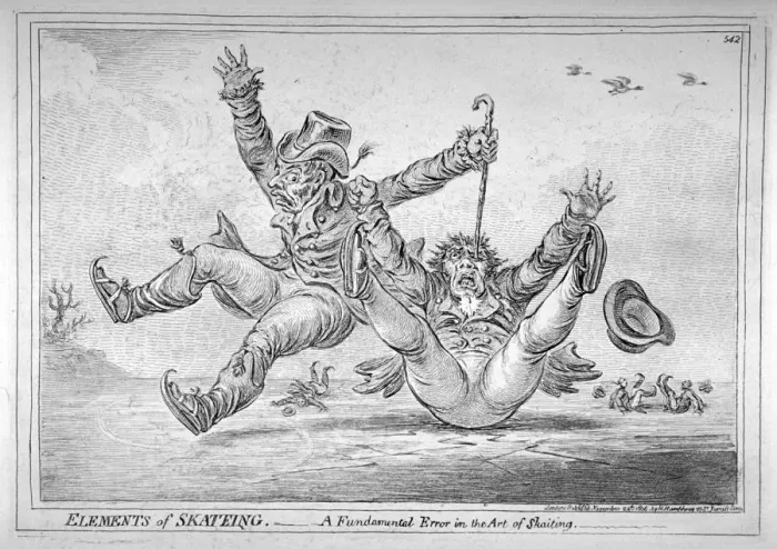 Framed Print : Elements of Skateing. Making the most of a passing friend, in a case of emergency!, 1805 Framed Print : Elements of Skateing. Making the most of a passing friend, in a case of emergency!, 1805