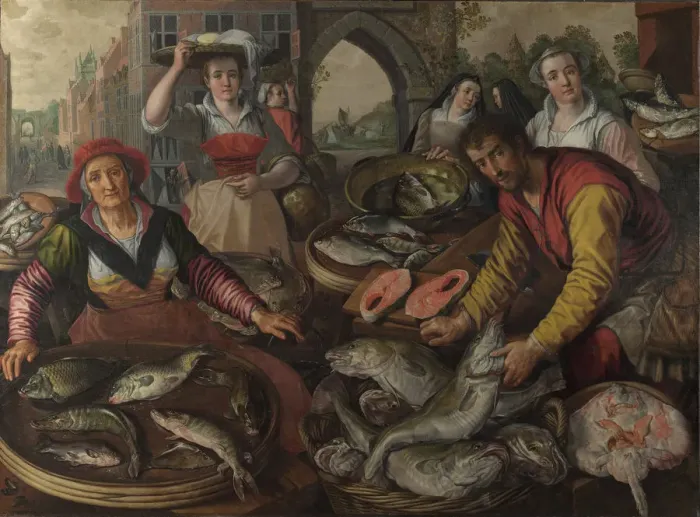 Framed Print : The Four Elements: Water. A Fish Market with the Miraculous Draught of Fishes in the Background, 1569. Artist: Beuckelaer, Joachim (ca. 1533-1574) Framed Print : The Four Elements: Water. A Fish Market with the Miraculous Draught of Fishes in the Background, 1569. Artist: Beuckelaer, Joachim (ca. 1533-1574)