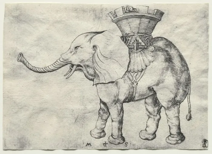 Framed Print : An Elephant with Howdah, c. 1485. Creator: Martin Schongauer (German, c. 1450-1491)