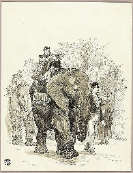 Elephant with Riders in Jardin des Plantes, Paris, n.d. Creator: Auguste-Andre Lancon