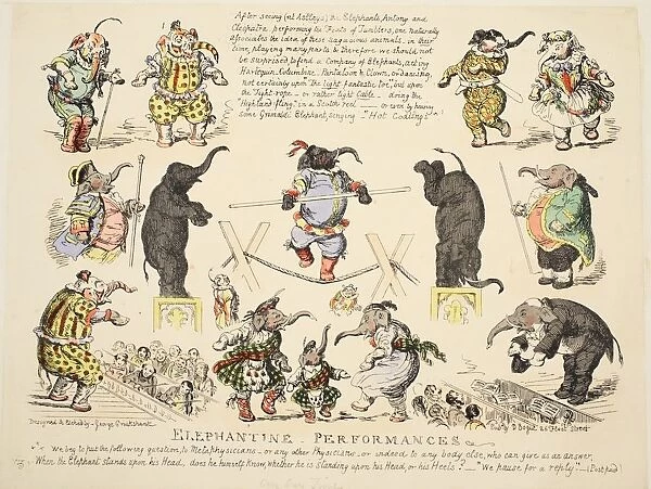 Elephantine Performances, pub. C. 1854 (hand coloured etching)
