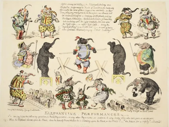 Framed Print : Elephantine Performances, pub. C. 1854 (hand coloured etching) Framed Print : Elephantine Performances, pub. C. 1854 (hand coloured etching)
