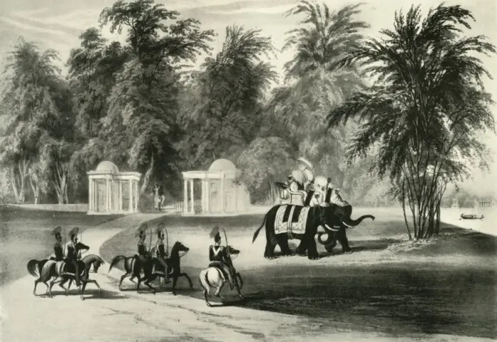 Framed Print : Elephants and Body Guard in Barrackpore Park, 1820, (1925). Creator: Unknown Framed Print : Elephants and Body Guard in Barrackpore Park, 1820, (1925). Creator: Unknown