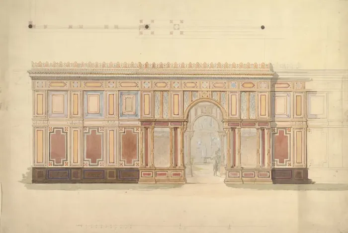 Framed Print : Elevation and Cross-Section of of Gallery Wall, 19th century. Creator: John Gregory Crace Framed Print : Elevation and Cross-Section of of Gallery Wall, 19th century. Creator: John Gregory Crace