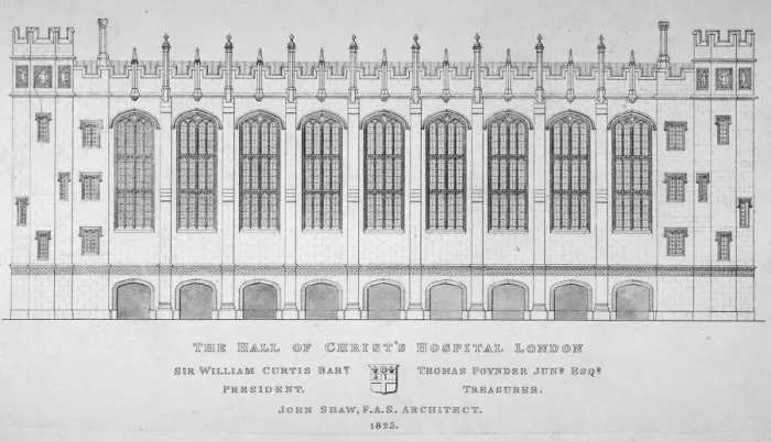 Framed Print : Elevation of the hall of Christs Hospital, City of London, 1825 Framed Print : Elevation of the hall of Christs Hospital, City of London, 1825
