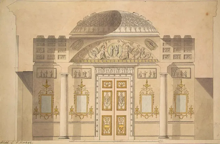 Framed Print : Elevation of the Mirror Wall in the Jasper Study of the Agate Pavilion at Tsarskoye Selo. Artist: Cameron, Charles (ca. 1730 / 40-1812) Framed Print : Elevation of the Mirror Wall in the Jasper Study of the Agate Pavilion at Tsarskoye Selo. Artist: Cameron, Charles (ca. 1730 / 40-1812)
